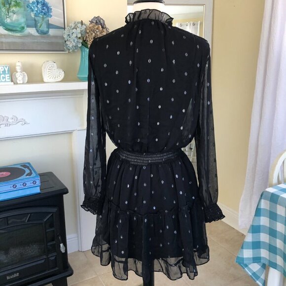 NSR Emma Black Semi Sheer Tiered Ruffle Whimsygoth Ruched Mini Dress Small - Picture 4 of 11